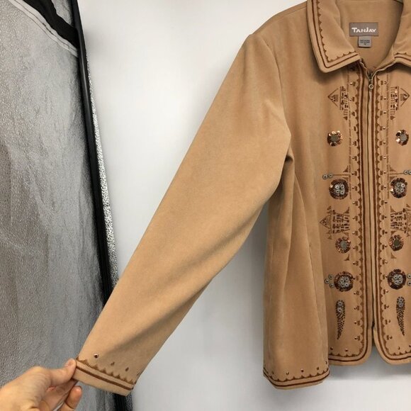 TanJay Brown Faux Suede embroidered Zip-up Lightweight Jacket size 12 - Picture 12 of 15